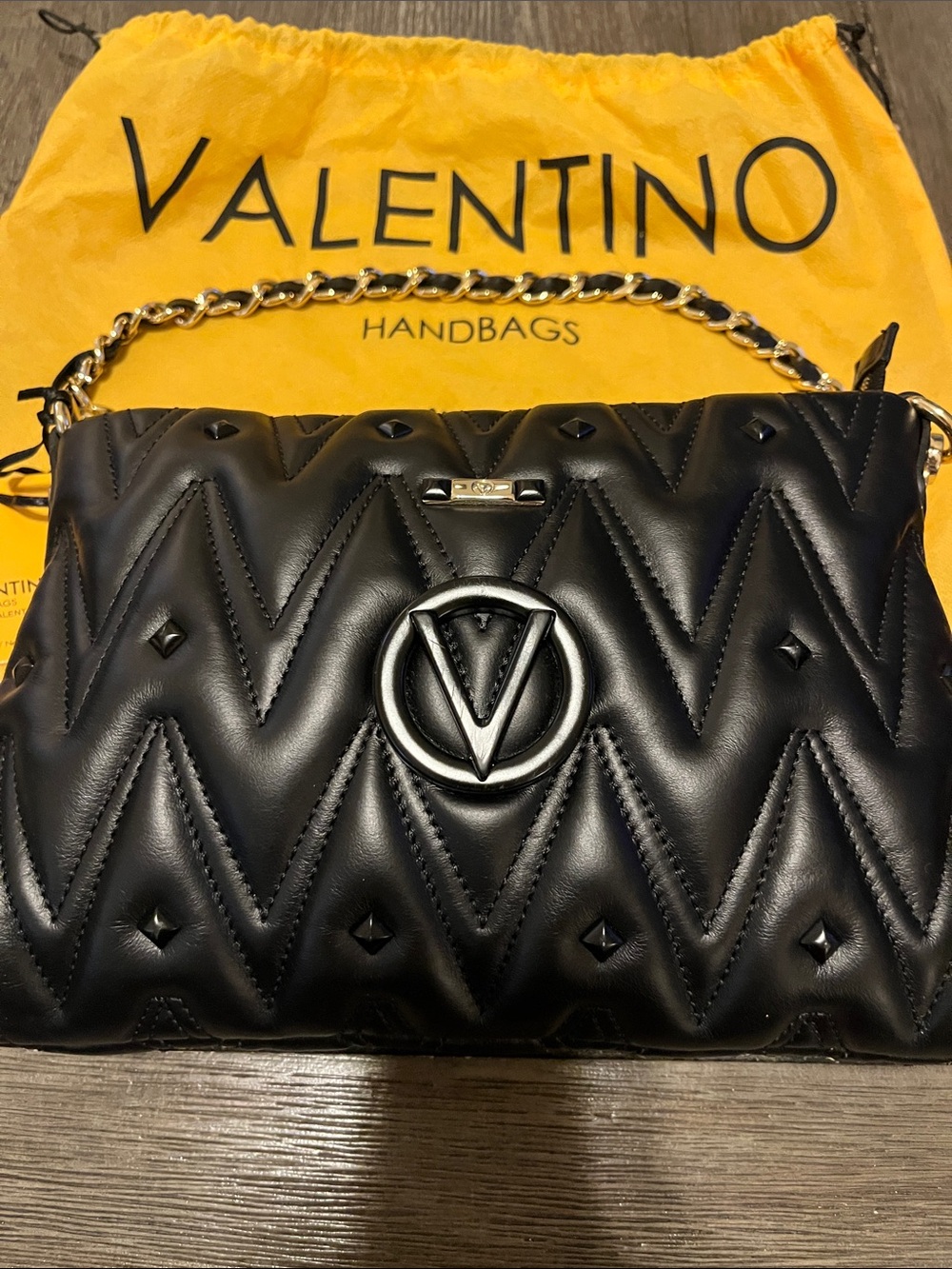 Valentino Black Quilted Shoulder Bag with Gold Chain